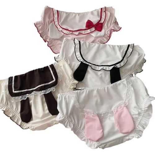 Japanese Kawaii Rabbit Ears White Panties Women Pink Underwear Milk Silk Cute Bow Lace Briefs Ladies Lingerie Underpanties Pack