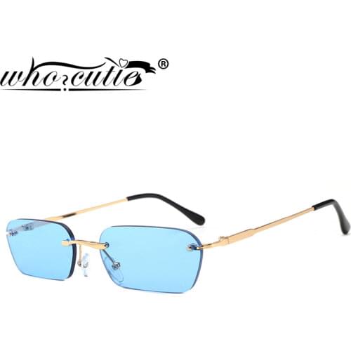 WHO CUTIE Blue Rimless Rectangle Sunglasses Women 2019 Brand Design Frameless 90S Metal Sun Glasses Tint Ocean Lens Sunnies S034