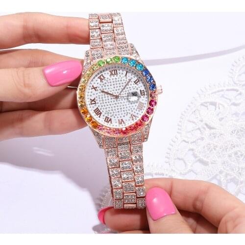 Ladies Luxury Gypsophila Color Rhinestone Mens and Womens Steel Band Watch Roman Scale Calendar Masonry Watch