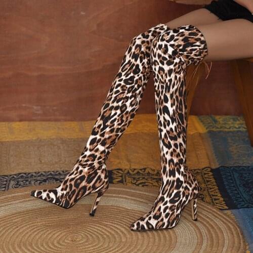 Womens suede leopard print boots over the knee plus cotton winter new boots high heels knee-length large size womens boots