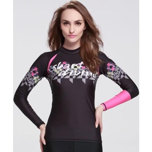 Womens Long-Sleeve UPF 50+ Rashguard Basic Skins Crew Rashguard Swimsuit Top Black with Printed
