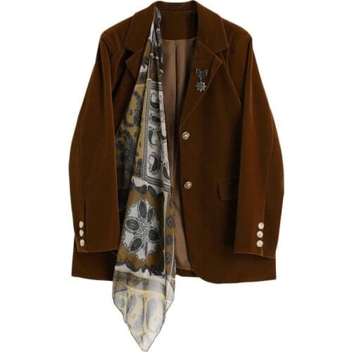 Women Fashion Office Wear Single Button Blazer Coat Vintage Long Sleeve Suit Jacket Velvet Silk Scarf Female Outerwear Chic 2021