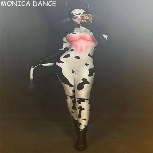 Women New Fashion Cow Pattern White Jumpsuit Women Dancer Bar Show Animal Outfit Cosplay Leggings Wear Prom Celebrate Dress