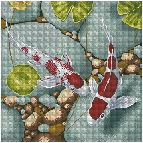 Gold Collection Beautiful Lovely Counted Cross Stitch Kit Two Fishes Carp Fish Goldfish Goldfishes and Lotus