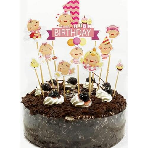 11pcs Birthday Boy Baby Girl Flag Insert Cake Decorating Card Kids Party Celebration Cupcake Topper With Bamboo Stick Glue Dots