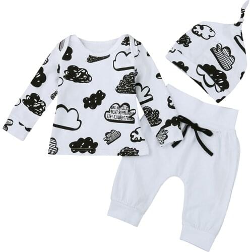 Infant Baby Girl Boy Cloud Print T Shirt Tops Pants Hair Accessories Outfits 3 Pcs Set Clothes For Kid Newborn Outfits Set L4