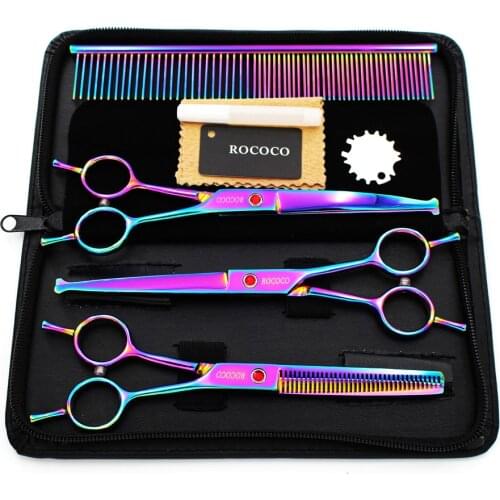 7.0 inch Professional Pet Grooming Scissors Set Safety Round Tip Right Left Hand Dog Shears Hair Cutting Thinning Curved Scissor