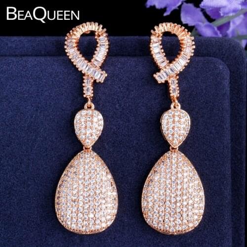 BeaQueen Nigerian African Gold Color Women Long Water Drop Earrings Mircro Paved Cubic Zirconia Stone Wedding Jewelry E188