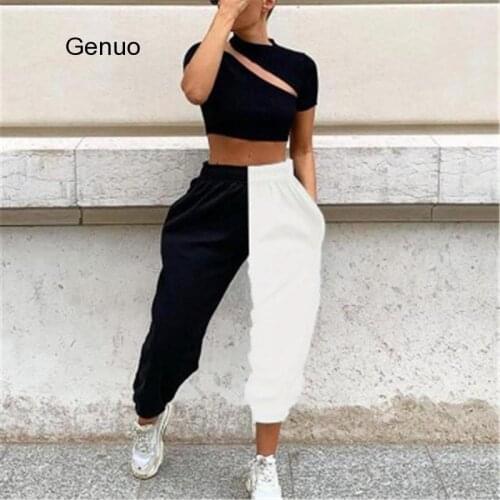 High Waist Black&white Patchwork Sporty Harem Pants Autumn Winter Women Loose Casual Sporty Streetwear Trousers