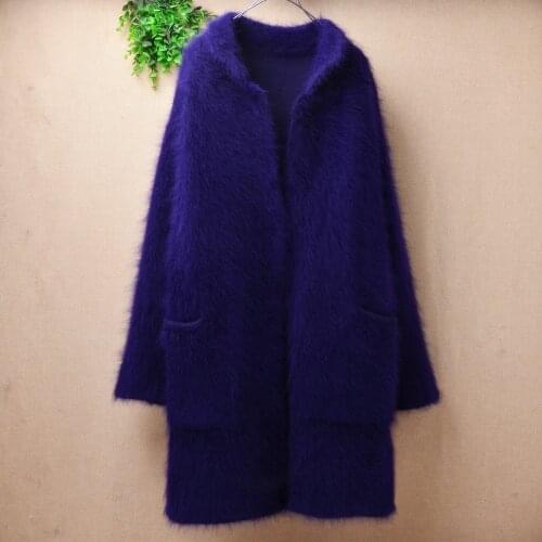 Ladies women fashion hairy mink cashmere knitted long loose suit collar cardigans angora fur jacket coat sweater pull sweater