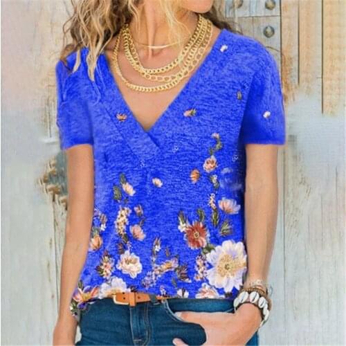 Print Deep V Neck Short Sleeve T Shirt Women Casual Loose Streetwear Sexy Plus Size Tops Ladies Temperament Tees