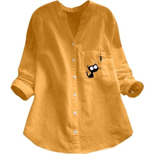 Cat Print Blouse Women Clothes Summer New Loose Casual V-neck Long Sleeve Tops Plus Size Streetwear Femme Blouses