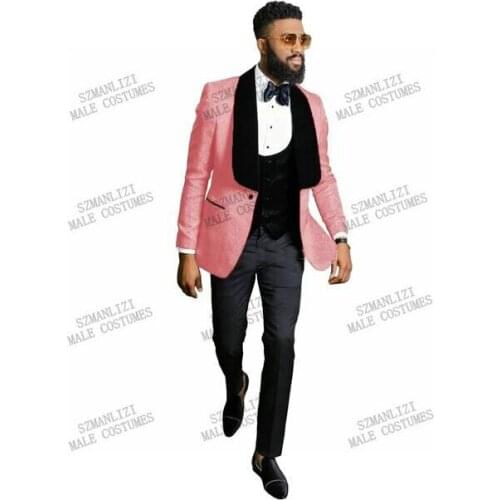 Costume Homme Pink Pattern Men Suits Groom Tuxedos Shawl Velvet Lapel Groomsmen Wedding Blazer Terno Masculino Jacket+Pants+Vest