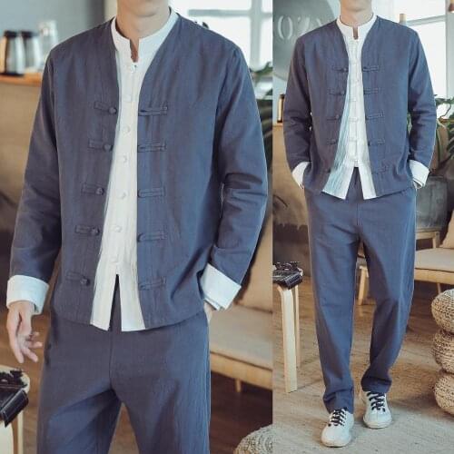 Tracksuits Men 2020 Autumn Mens Cotton and Linen Tracksuit Long Sleeve Casual Pants Suit Loose Large Size Casual 2 Pieces Suits