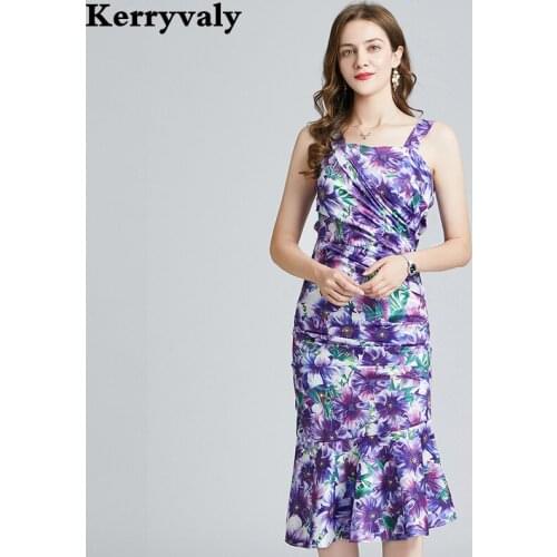 Summer Sea Anemone Purple Printing Pleated Fishtail Dress Women High Waist Violet Sleeveless Strapless Sexy Bodycon Dress K339