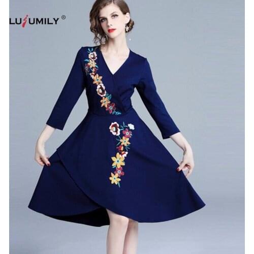Lusumily Women New Autumn Embroidery Dress Elegant Female Office Party Dresses High Quality Designer Robe Girl V Neck Dress
