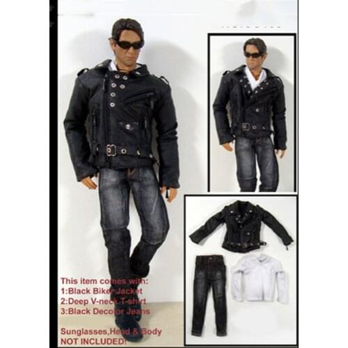 1/6 Scale Male Black Biker Jacket Coat White T Shirt Jeans Set for 12'' Bodies