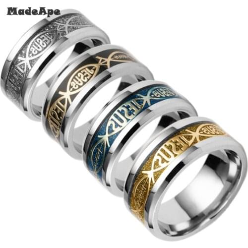 MadApe Christian Ring Corss Ring Titanium Stainless Steel 8mm Width Jesus Letters Silver Color Wedding Ring For Women Men