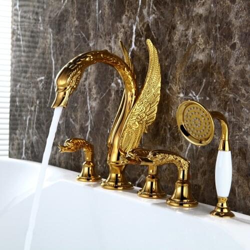 Original 18K Gold luxury bathtub faucet 5 holes golden brass bathtub shower faucet set cold hot water with handheld shower head