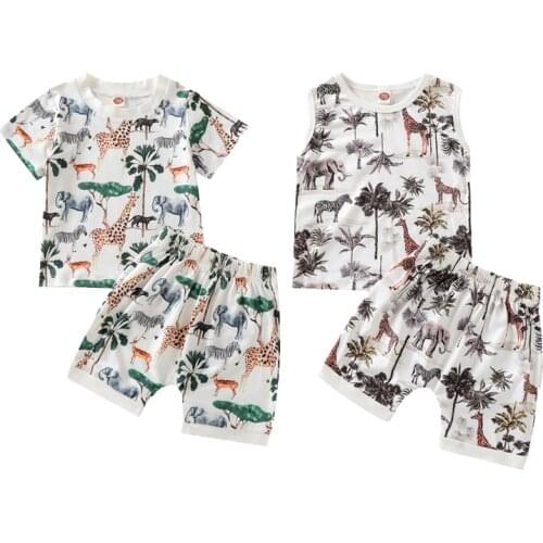 6M-4Y Summer Toddler Kids Boys Casual Clothes Sets 2pcs Cartoon Animal Print O-neck Short Sleeve/Sleeveless T-shirts Tops+Shorts