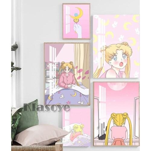 Anime Role Sailor Moon Art Prints Poster Lovely Pink Girly Style Canvas Painting Girls Room Interior Home Decor Birthday Gift