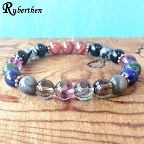 Ruberthen Genuine Rainbow Fluorite Mala Chakra Bracelet Psychic Attack Strength & Support Wrist Mala Beads Bracelet