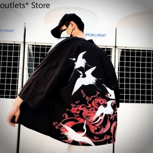Japanese Traditional Kimono Harajuku Chiffon Cardigan Dragon Print Fairy Crane Print Loose Retro Couple Kimono