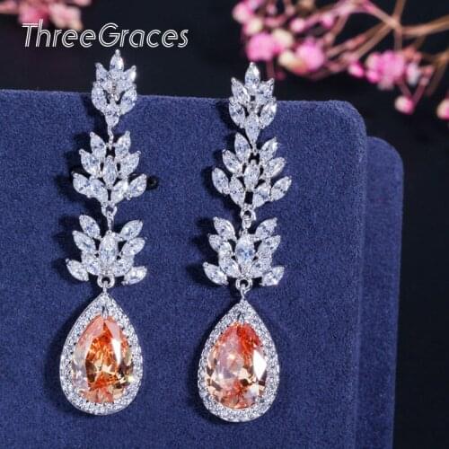 ThreeGraces Bridal Long Dangle Champagne Earrings CZ Stone Marquise Shape Big Water Drop Wedding Party Jewelry for Women ER293