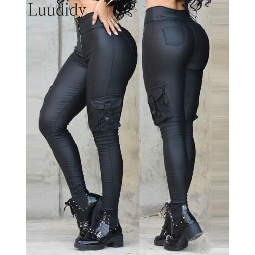 Women PU Leather Pocket Design High Waist Skinny Cargo Pants