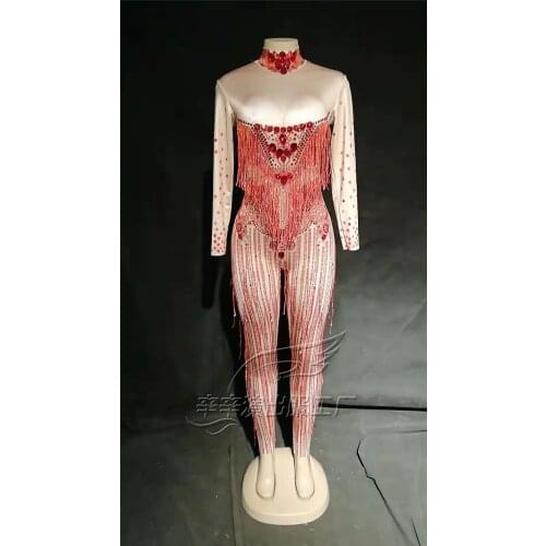 Women New Red Tassels Shining Rhinestones Sexy Jumpsuit Stretch Leotard Diamond Nightclub Party Celebration Performance Outfit