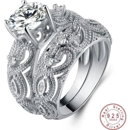 NEW White CZ Stone Ring Sets Silver Color Hollow Out Rings Wedding For Women Couple Ring For Lover Accessories 2019 New