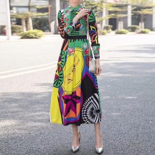 High quality new designer fashion runway Maxi dress Womens long sleeves pattern Flower Print Office Lady Vintage Long Dress