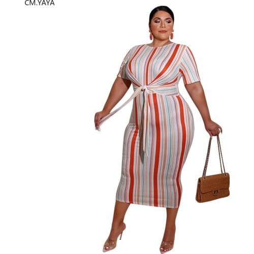 CM.YAYA Women Plus Size XL-5XL Striped Print Sashes High Waist O-neck Short Sleeve Midi Bodycon Dress Vestidos