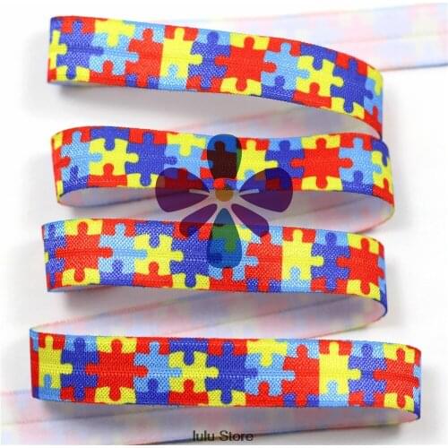 10 yards 5/8"16 mm Autism Awareness Puzzle Printed Elastic Ribbon DIY Handmade Hair Band, Knot Hair Tie, Gift Making