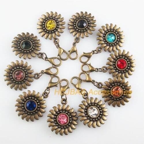 10 New Sun 20x24mm Charms Mixed Round Crystal Antiqued Bronze Tone Retro With Lobster Claw Clasps