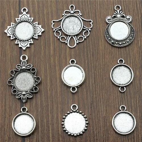 20pcs Fit 12mm Round Glass Cabochon Base Setting Pendant Tray For Jewelry DIY Making Antique Silver Color FM4018
