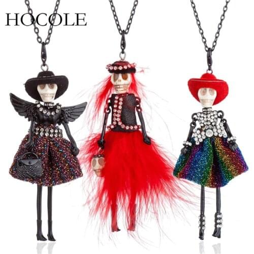 2018 Rhinestone Fur Dress Skull Head Doll Pendant Necklace Black Long Chain Choker Collares For Women Halloween Maxi Jewelry