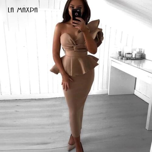 2020 Set One Shoulder Short Sleeve Bodycon Strapless Celebrity Evening Party Dress Two Piece Set Bow&Ruffles Christmas Dress