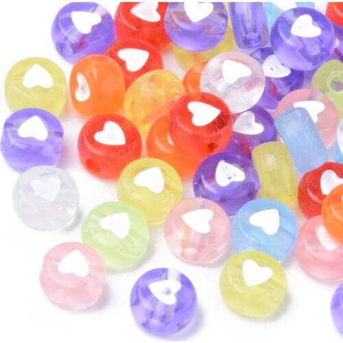 500g Transparent Acrylic Beads Flat Round with Heart Mixed Color For DIY Jewelry Making, 7x3.5mm, Hole: 1.8mm about 3700pcs