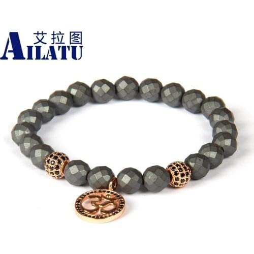 Ailatu 8mm Facted Matte Hematite Stone Micro Paved Black Cz Om Religious Beaded Bracelet Men Fashion Jewelry