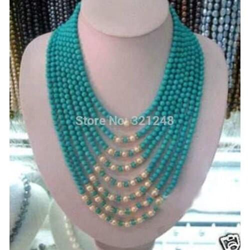 Free shipping Beautiful 8row necklace 6mm blue calaite turquoises White Pearl round beads high grade charms necklace 17-26inches