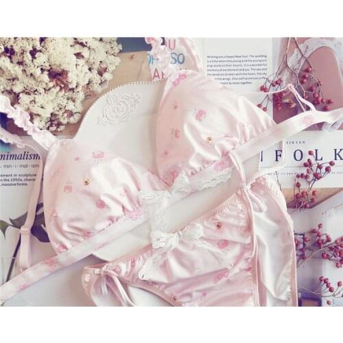 Pink Milk Silk Japanese Bra & Panties Set Bows Wirefree Soft Underwear Sleep Intimates Set Cute Lolita