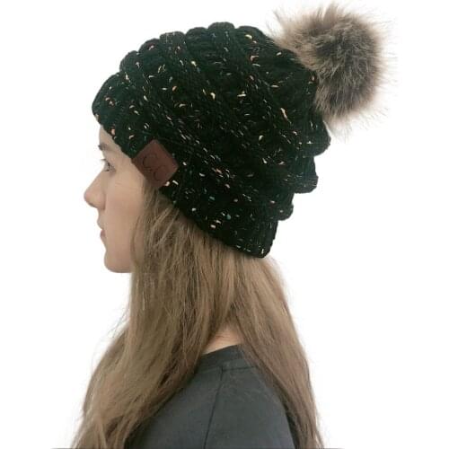 C.C Thick Cable Knit Faux Fuzzy Fur Pom Fleece Lined Skull Ski Slouchy Cap Cuff Beanie Causal Pompoms Hat Ear Protect For Women