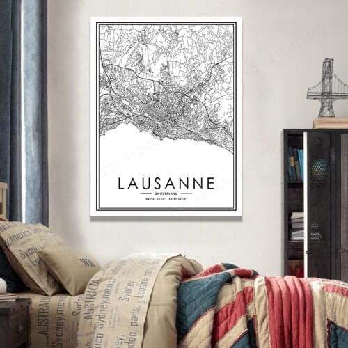 Black White Line City Map Poster LAUSANNE Nordic Canvas Painting Prints And Posters Wall Art Pictures For Home Decor