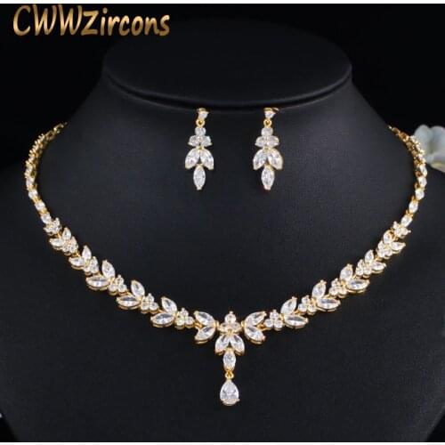 CWWZircons Top African Cubic Zirconia Leaf Drop Women Party Wedding Necklace Bridal Jewelry Set Dubai Gold Color Jewellery T442