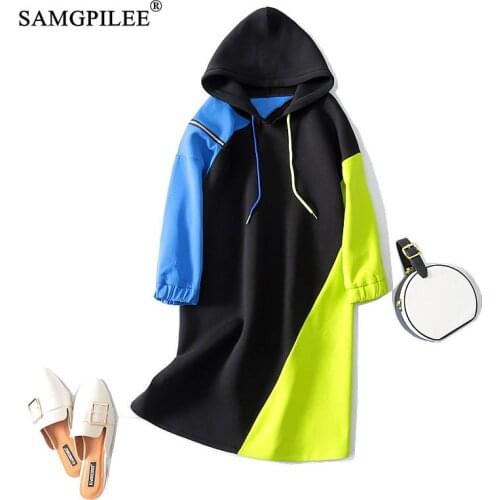 Elegant Dresses For Women 2021 New Space Cotton Casual Patchwork Full Sleeve Knee-length Hooded Collar Woman Party Dress 4XL