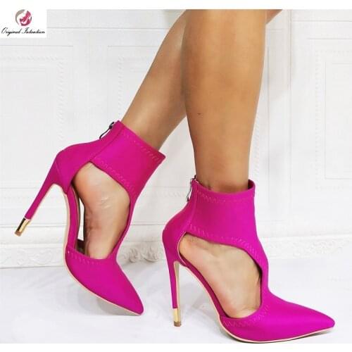 Fuchsia Lycra Cross Strap Dress Pumps Women 12cm Heels Pointed Toe Ankle Back Zip Stiletto Sandals Party Wedding Shoes Size 47