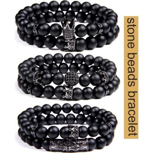 CZ crown Bracelet set Black matte Stone Beads bracciali femme Friends Bracelets For Women Men Jewelry mens bracciali uomo