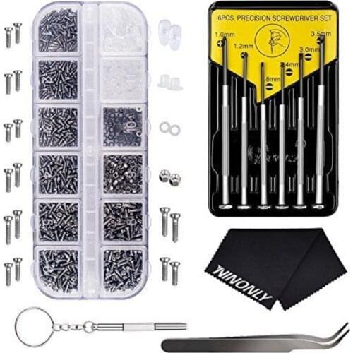 Eyeglasses Repair Kit Ninonly with 1100Pcs Small Screws Nose Pads Set 6Pcs Screwdrivers Watch Repair Kit for Glasses Sunglasses
