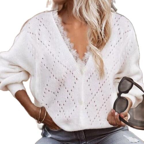 2021 Hot Sale Womens Clothing Factory Price Sexy V-Neck Kong-Sleeved Lace Collar Knitted Cotton Sweater Top Women